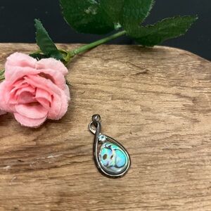 VTG Sterling Silver Abalone Shell Pendant W Aquamarine 925  Signed NV 1.25”